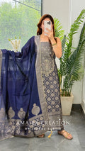 Premium Banarasi Fabric Navy Blue Colour Unstitched Suit Banarasi Silk Dupatta
