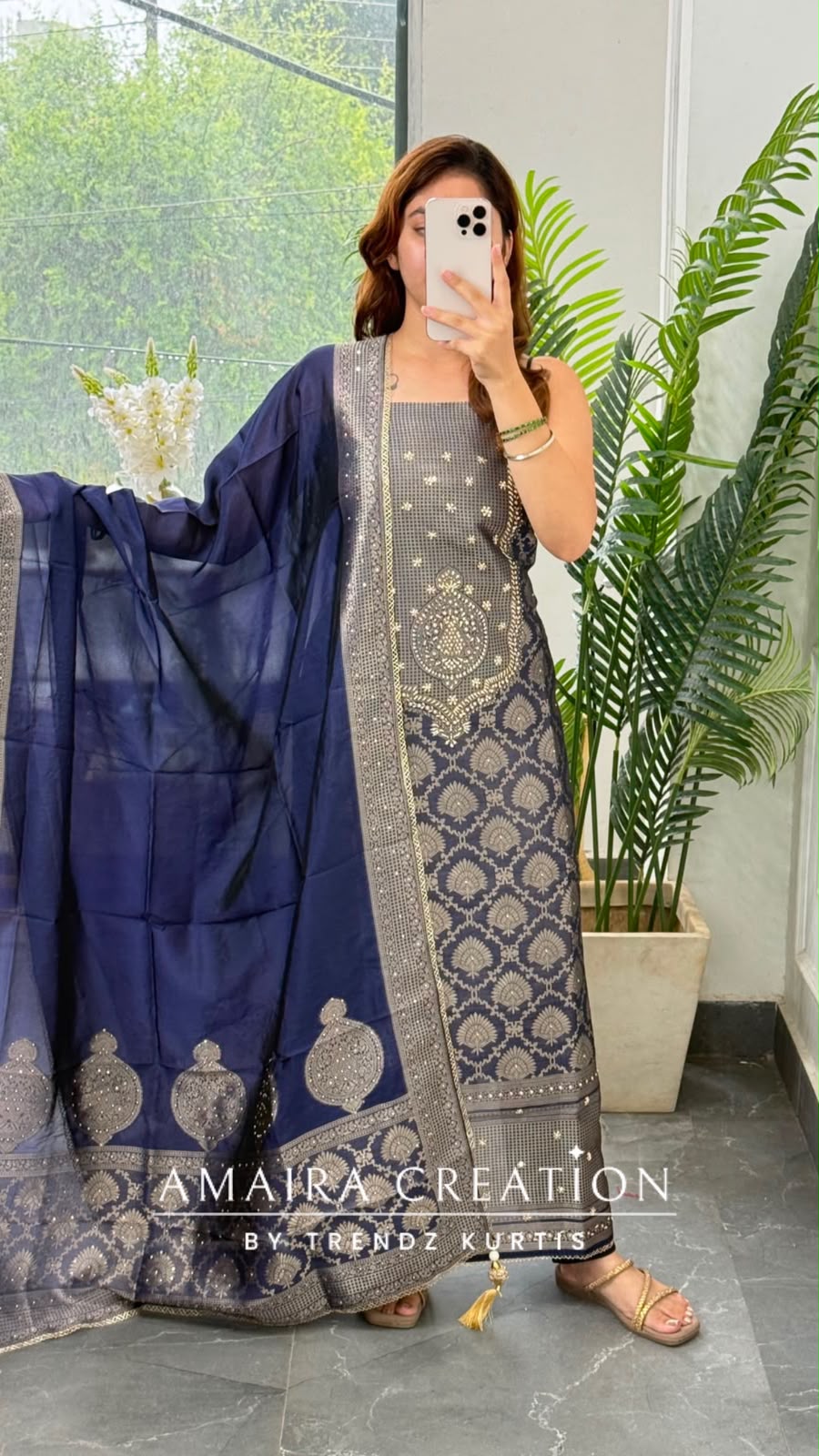 Premium Banarasi Fabric Navy Blue Colour Unstitched Suit Banarasi Silk Dupatta