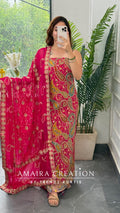 Premium Crepe Fabric Hot Pink Colour Unstitched Suit With Full Heavy Work Chiffon Dupatta