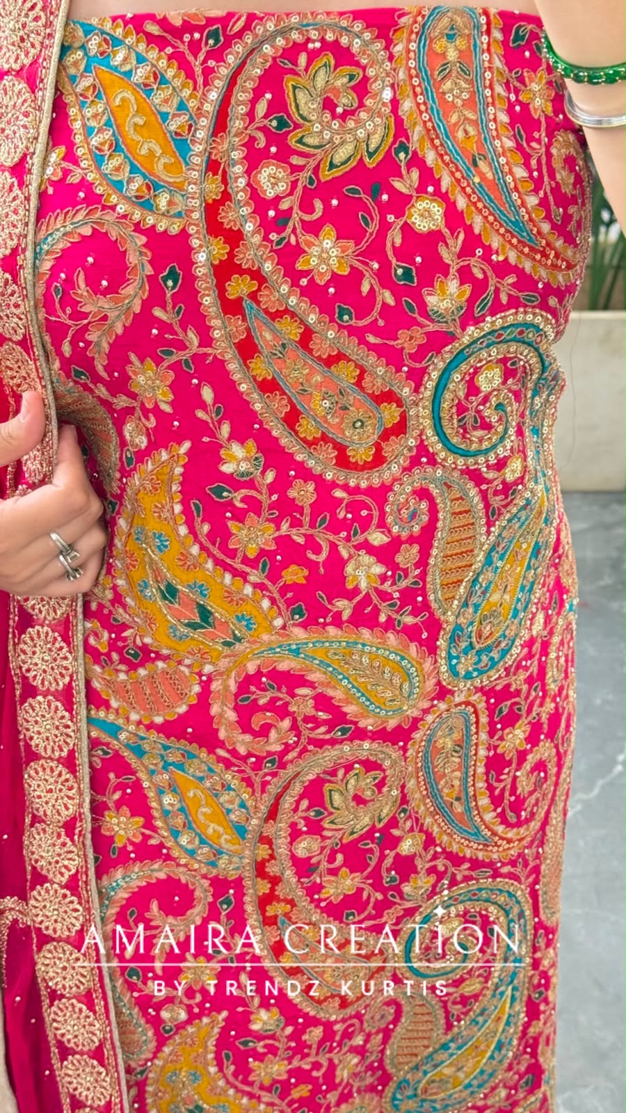 Premium Crepe Fabric Hot Pink Colour Unstitched Suit With Full Heavy Work Chiffon Dupatta