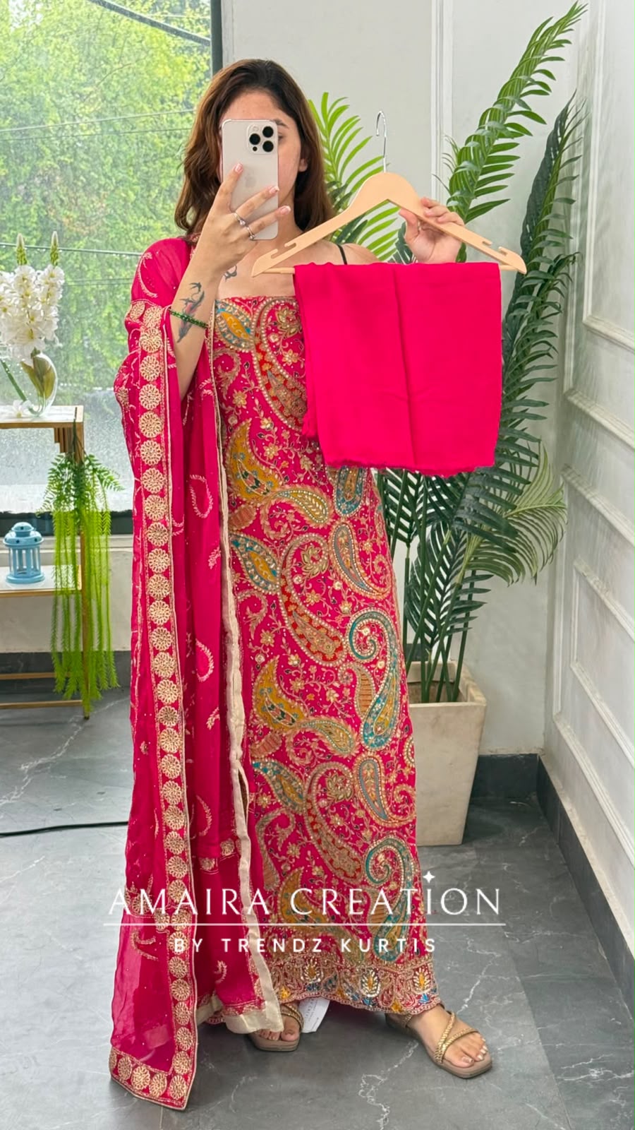 Premium Crepe Fabric Hot Pink Colour Unstitched Suit With Full Heavy Work Chiffon Dupatta