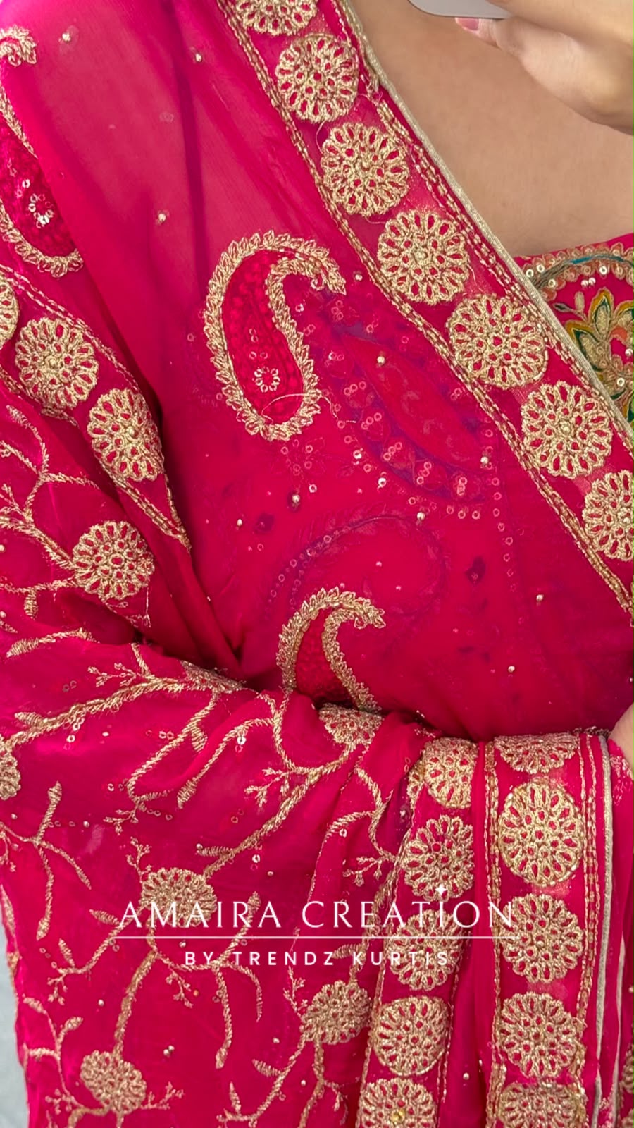 Premium Crepe Fabric Hot Pink Colour Unstitched Suit With Full Heavy Work Chiffon Dupatta