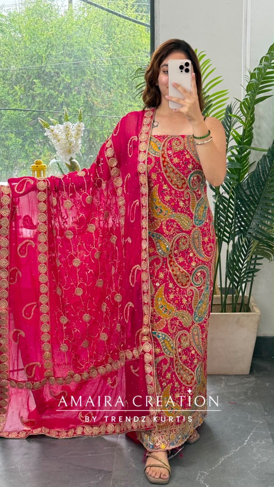 Premium Crepe Fabric Hot Pink Colour Unstitched Suit With Full Heavy Work Chiffon Dupatta