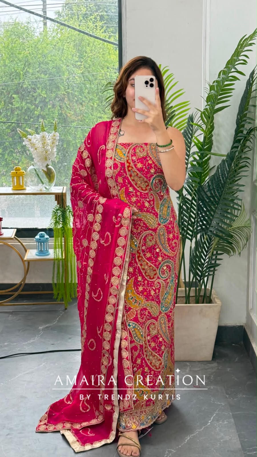 Premium Crepe Fabric Hot Pink Colour Unstitched Suit With Full Heavy Work Chiffon Dupatta