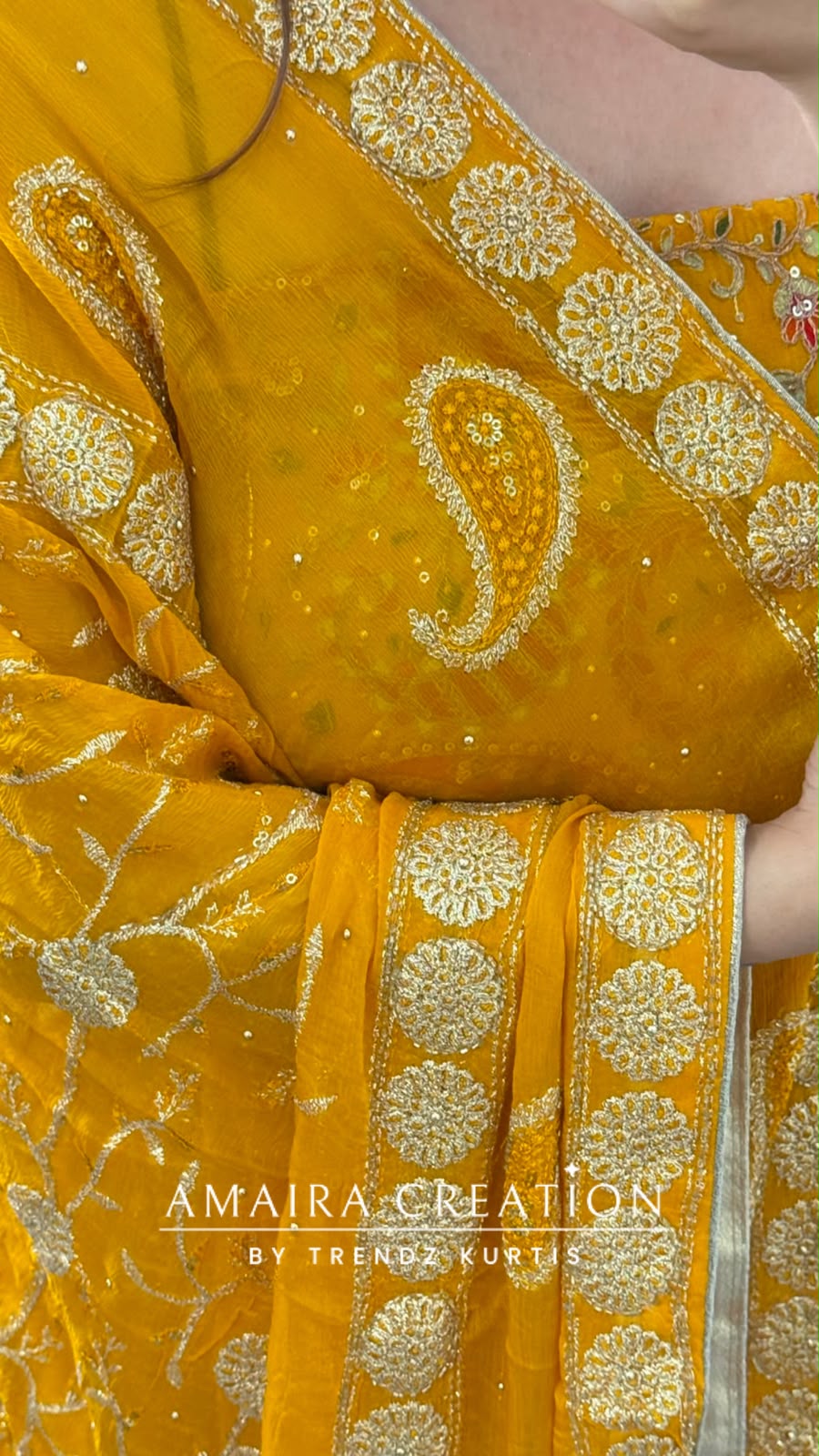 Premium Crepe Fabric Mustard Colour Unstitched Suit With Full Heavy Work Chiffon Dupatta