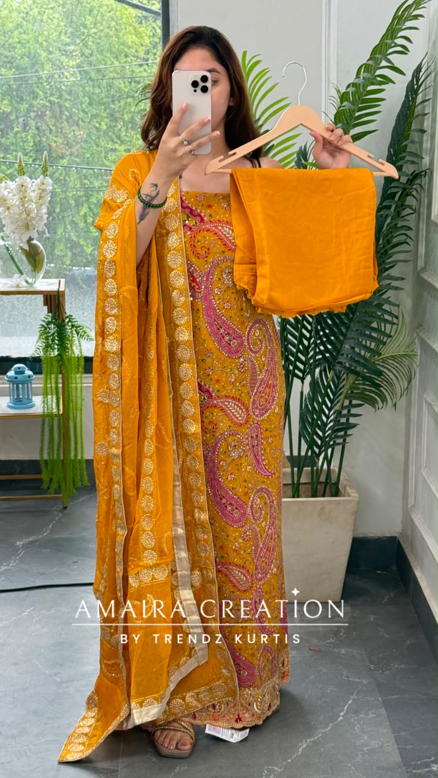 Premium Crepe Fabric Mustard Colour Unstitched Suit With Full Heavy Work Chiffon Dupatta