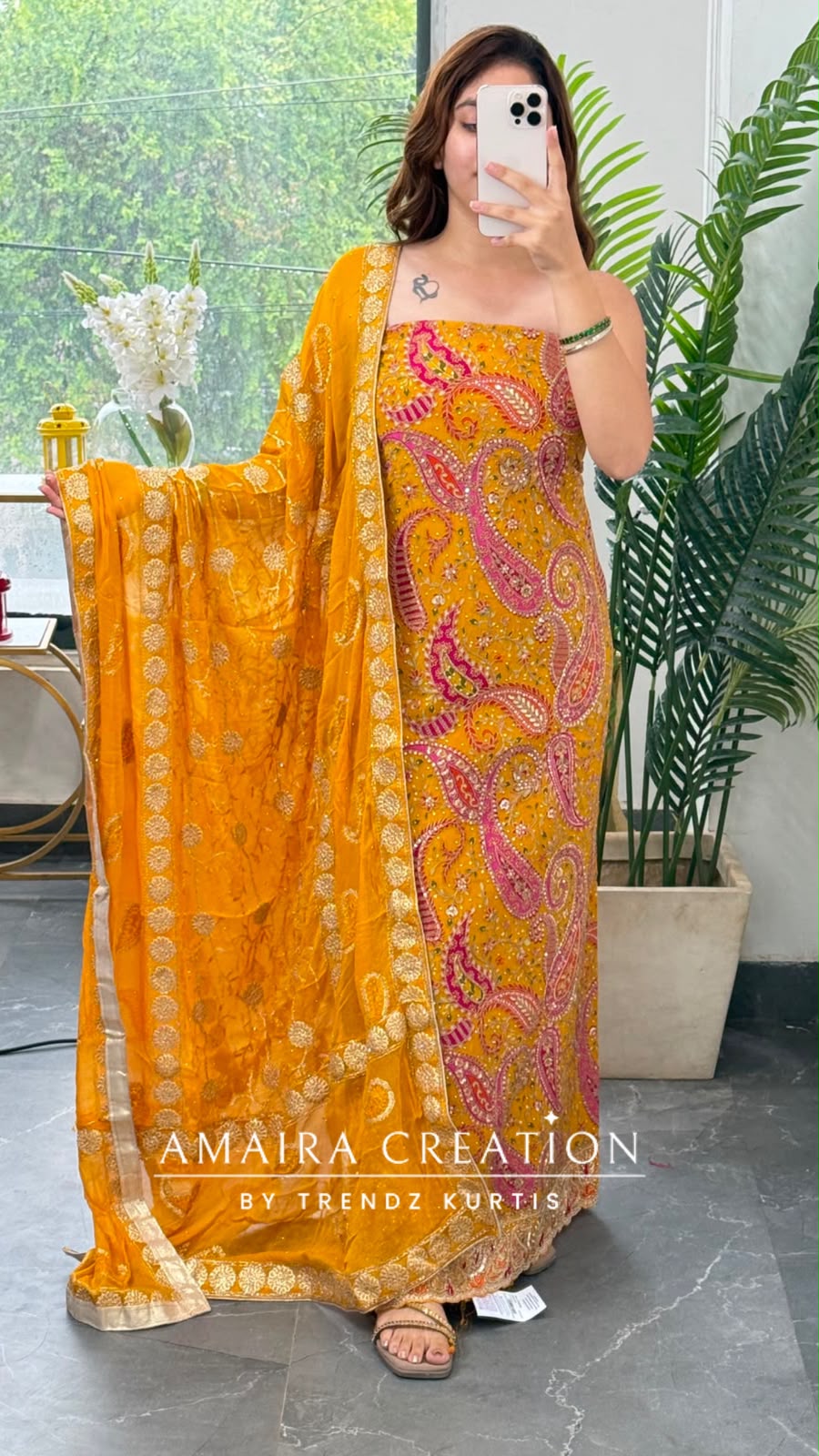 Premium Crepe Fabric Mustard Colour Unstitched Suit With Full Heavy Work Chiffon Dupatta