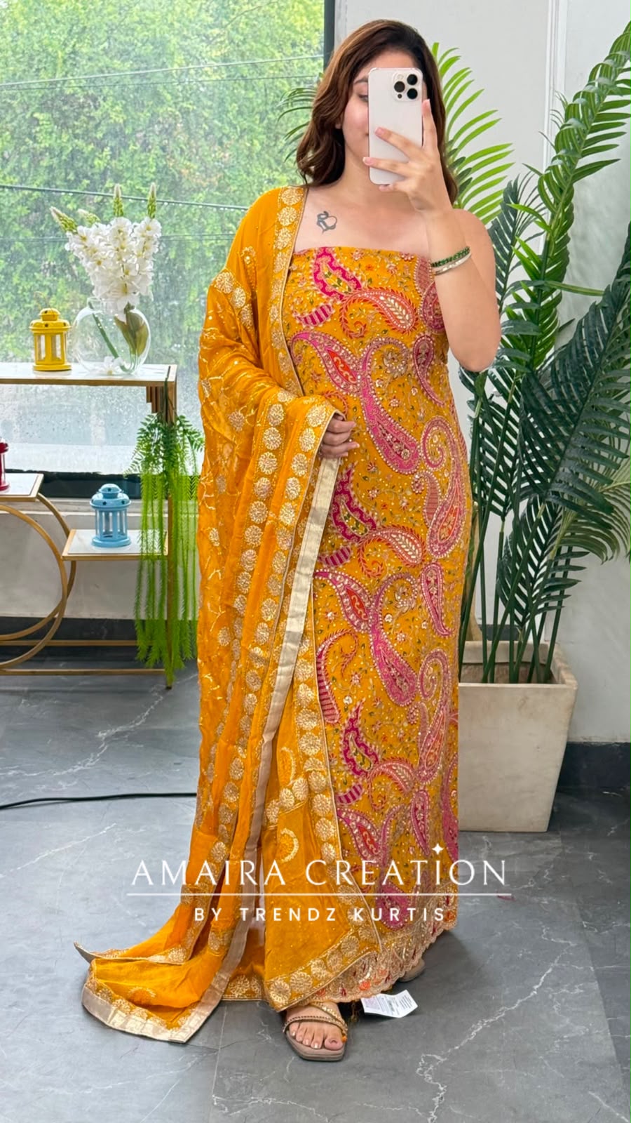 Premium Crepe Fabric Mustard Colour Unstitched Suit With Full Heavy Work Chiffon Dupatta