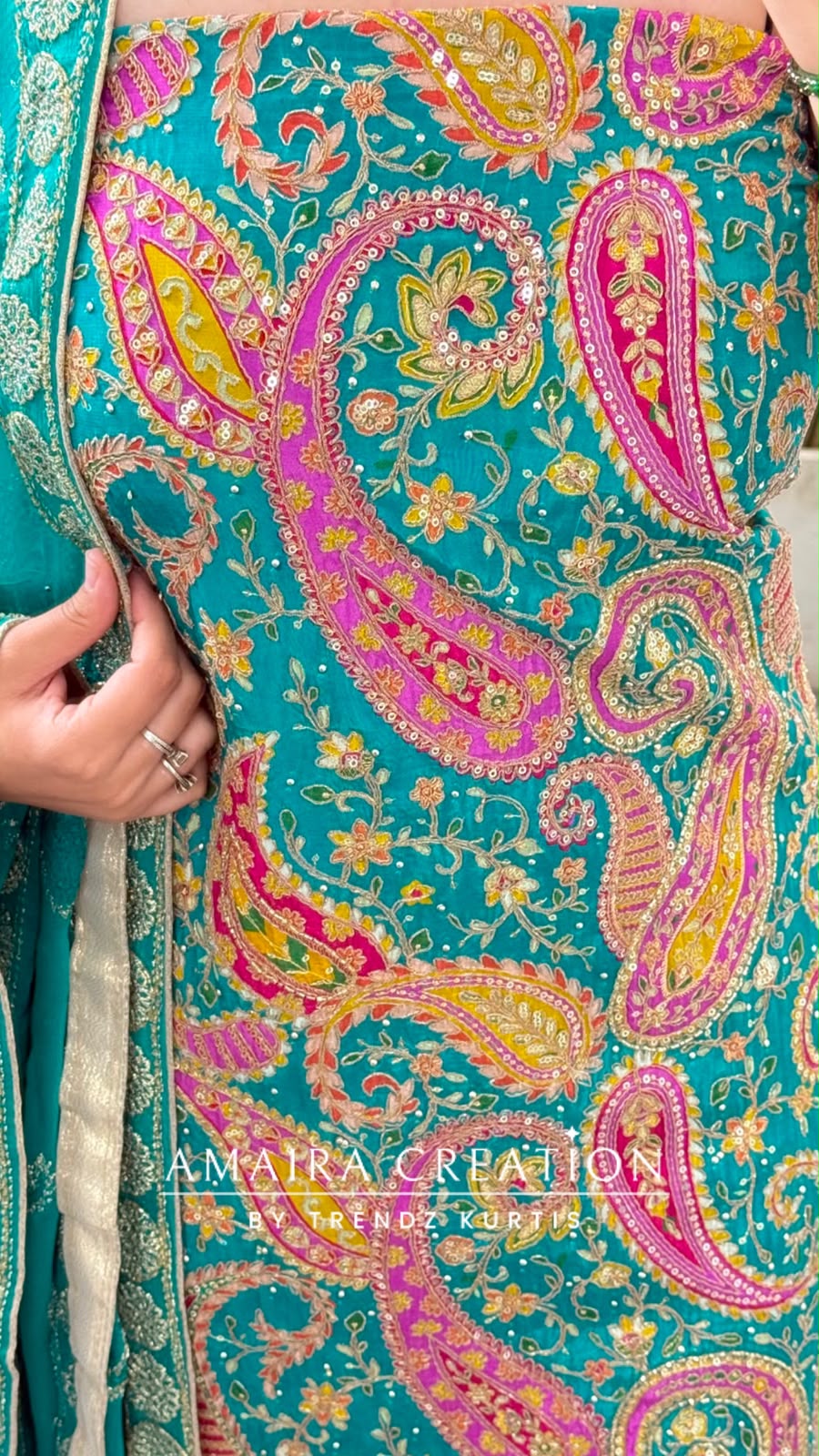 Premium Crepe Fabric Firozi Colour Unstitched Suit With Full Heavy Work Chiffon Dupatta