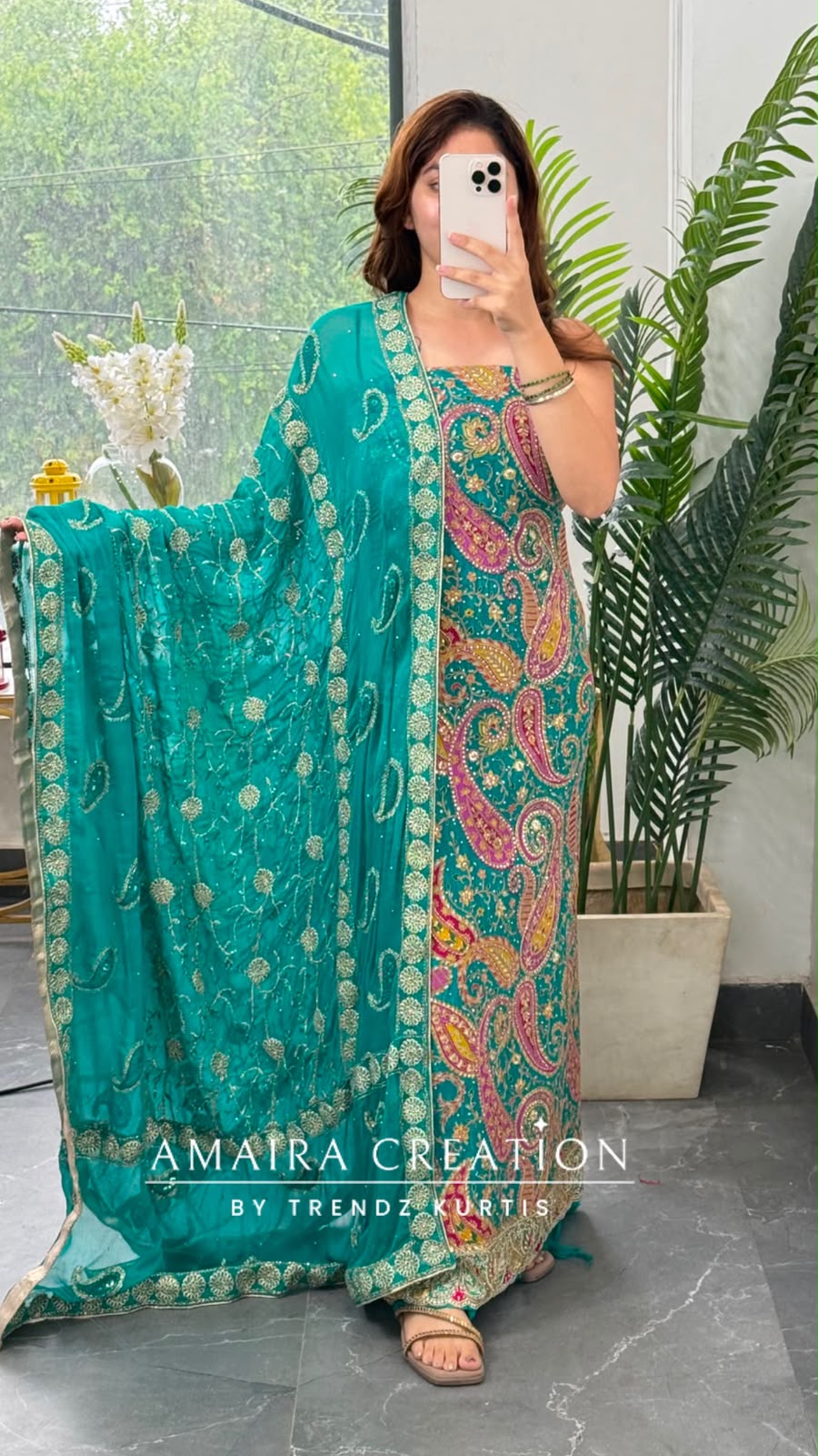 Premium Crepe Fabric Firozi Colour Unstitched Suit With Full Heavy Work Chiffon Dupatta