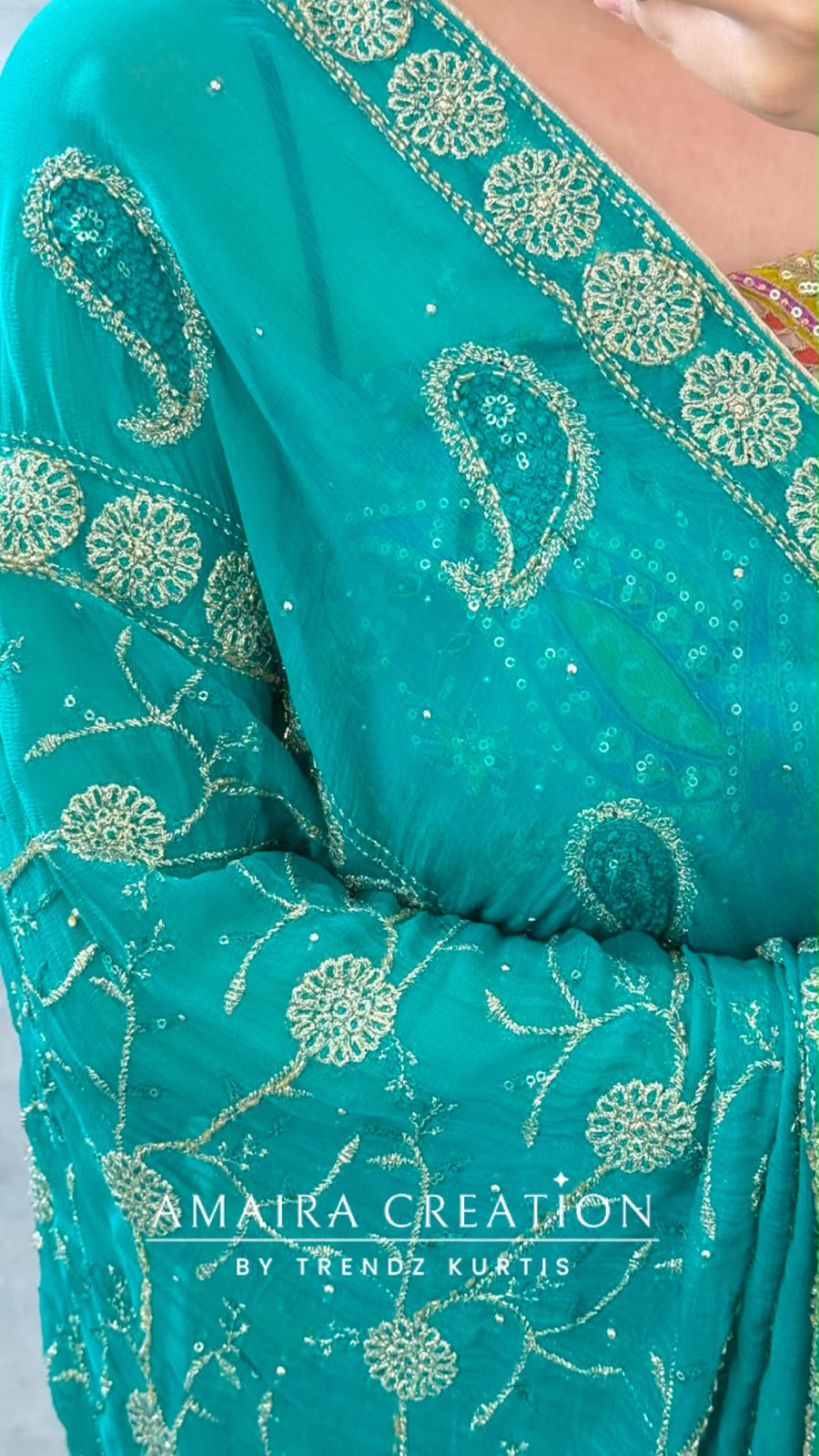 Premium Crepe Fabric Firozi Colour Unstitched Suit With Full Heavy Work Chiffon Dupatta