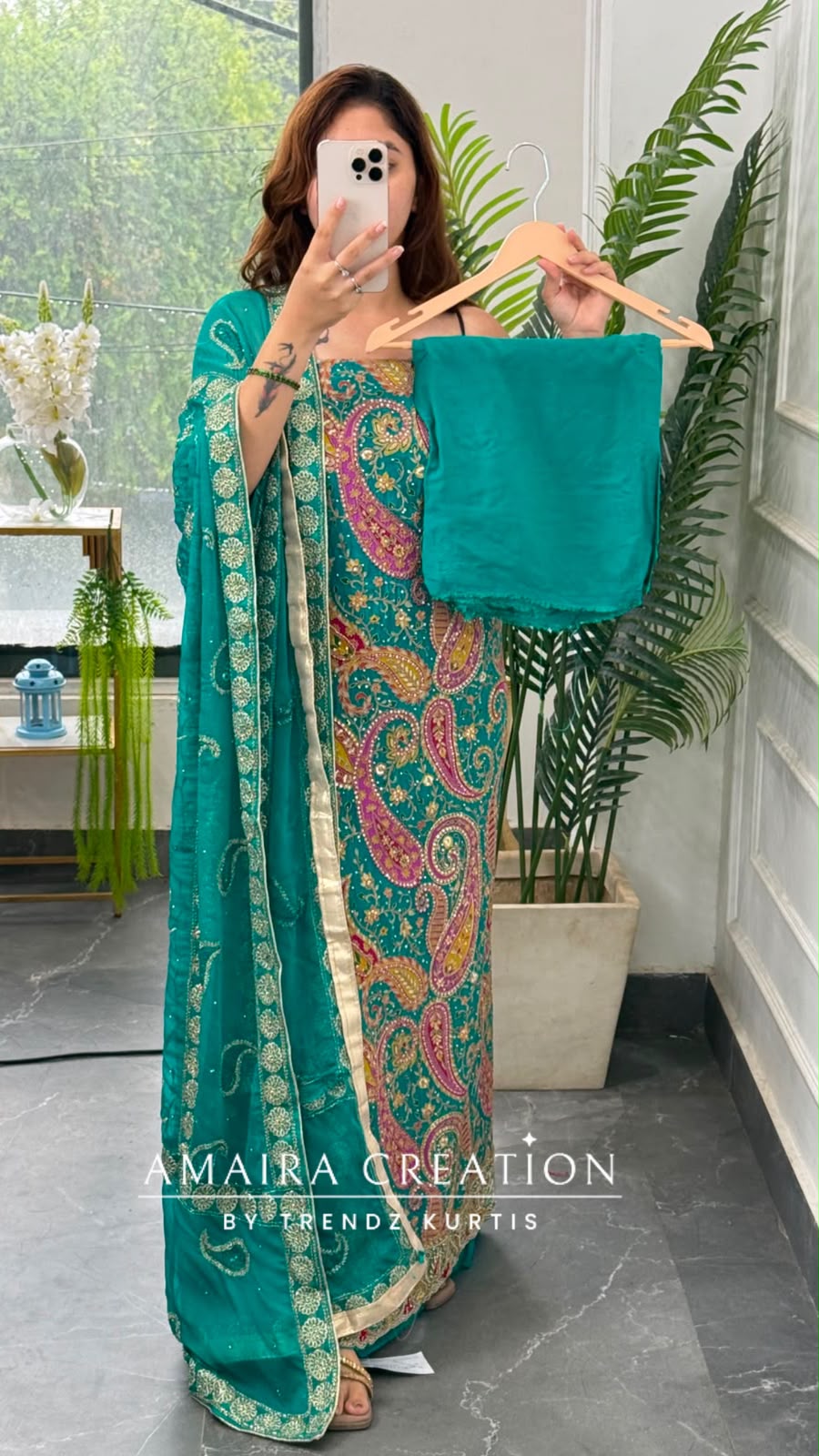 Premium Crepe Fabric Firozi Colour Unstitched Suit With Full Heavy Work Chiffon Dupatta