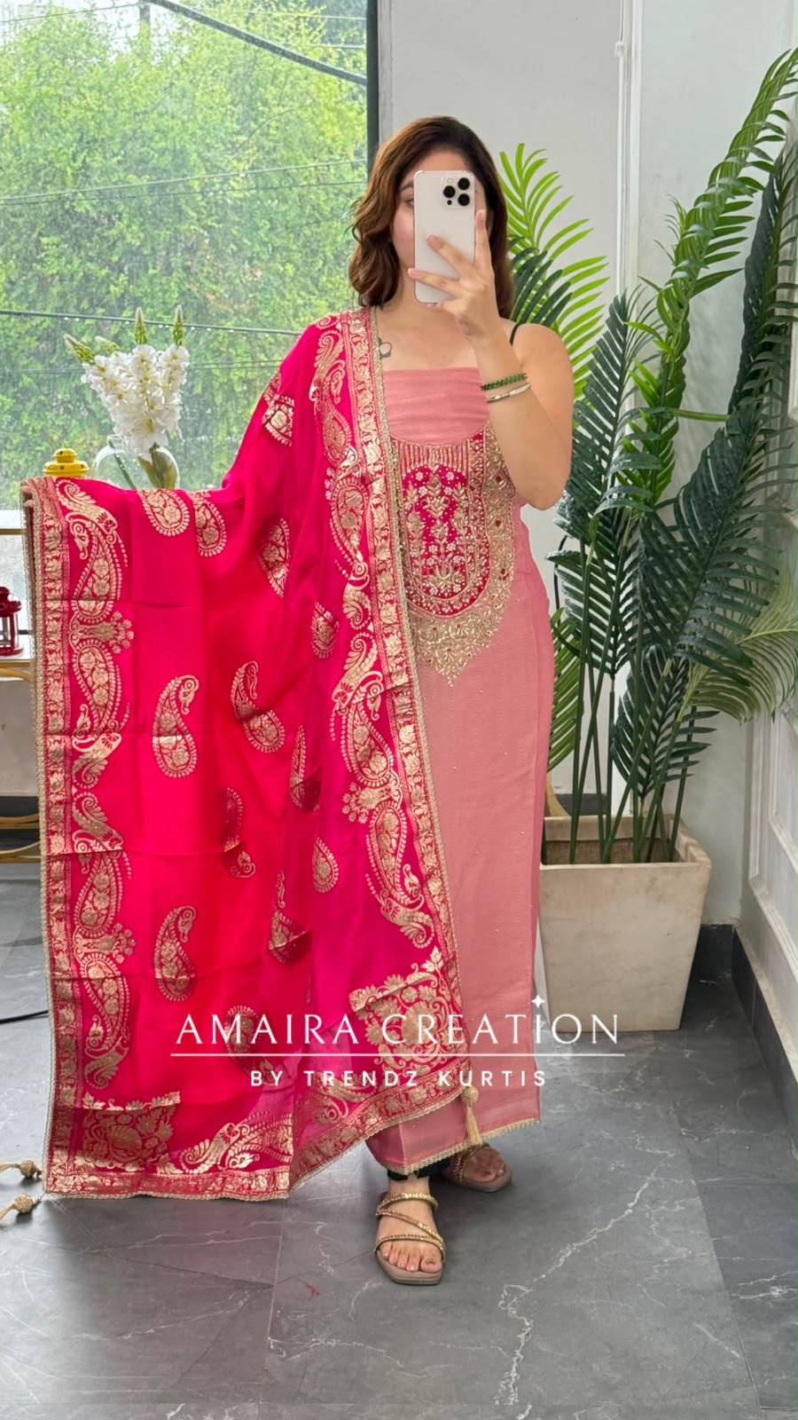 Premium Shimmer Silk Pink Colour unstitched Suit With Banarasi Dupatta