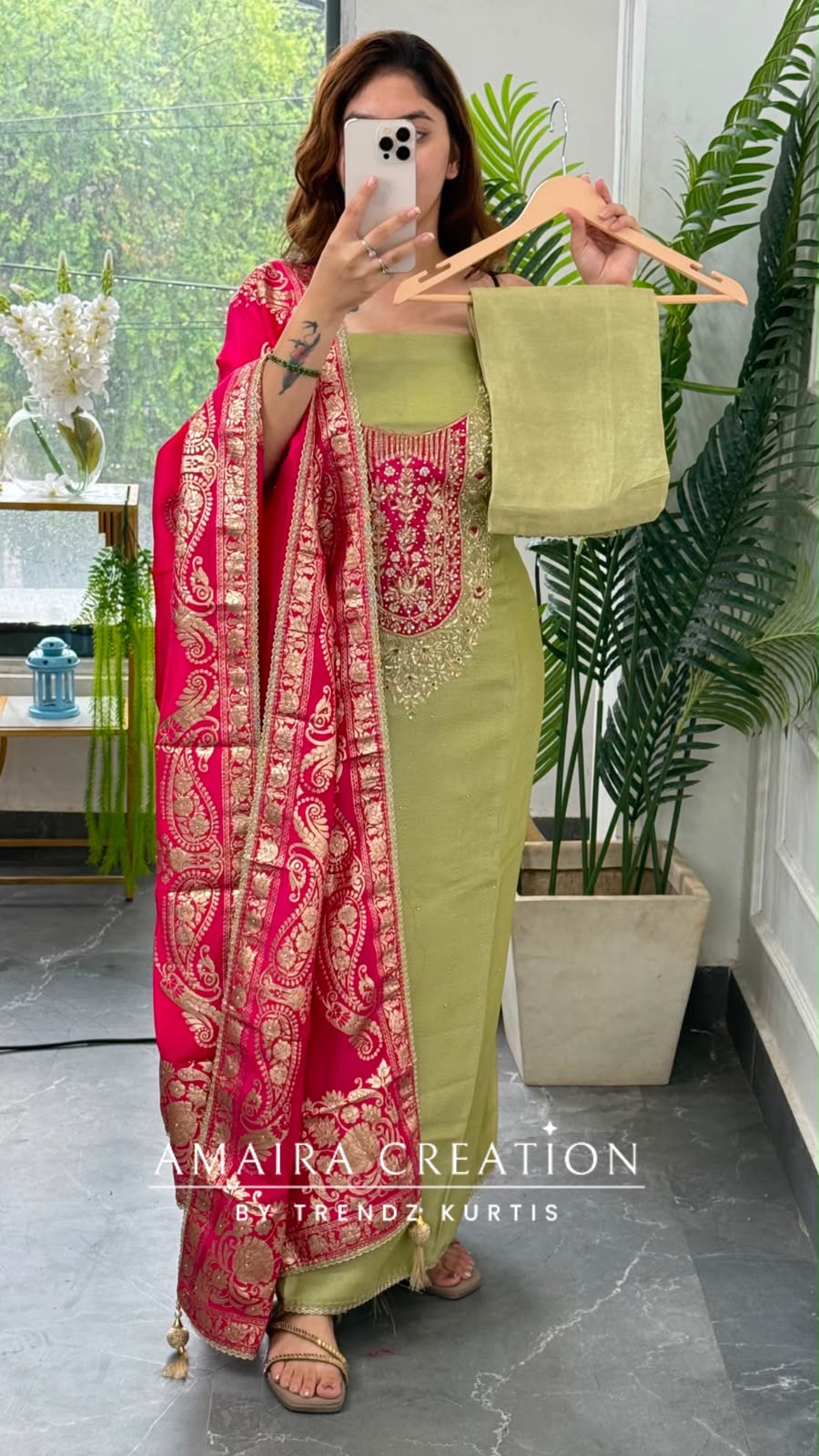 Premium Shimmer Silk Pista Green Colour unstitched Suit With Banarasi Dupatta