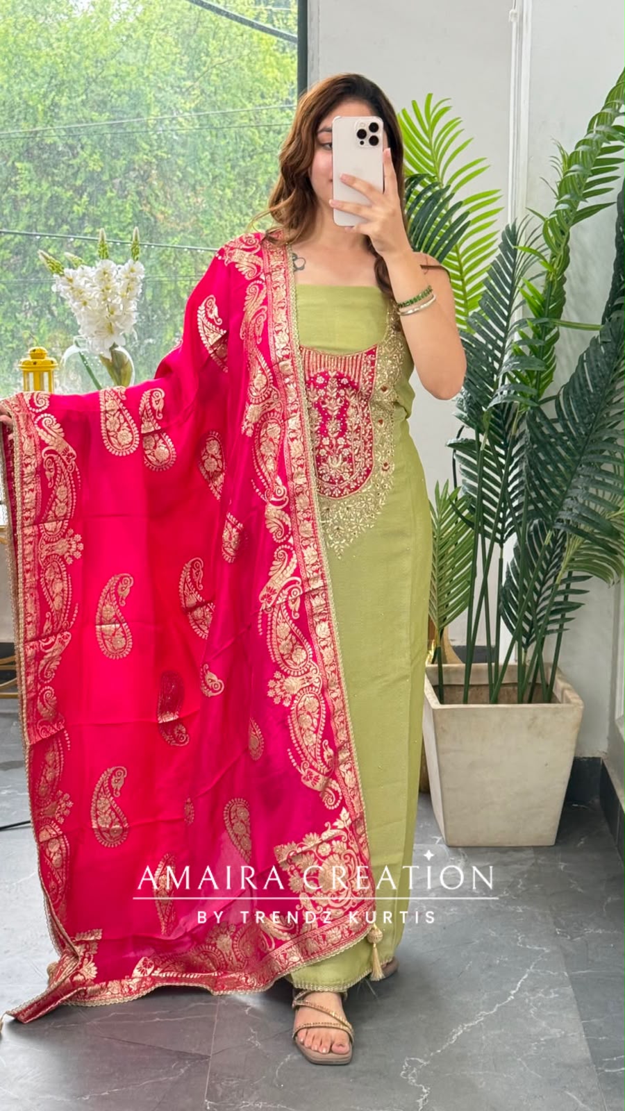 Premium Shimmer Silk Pista Green Colour unstitched Suit With Banarasi Dupatta
