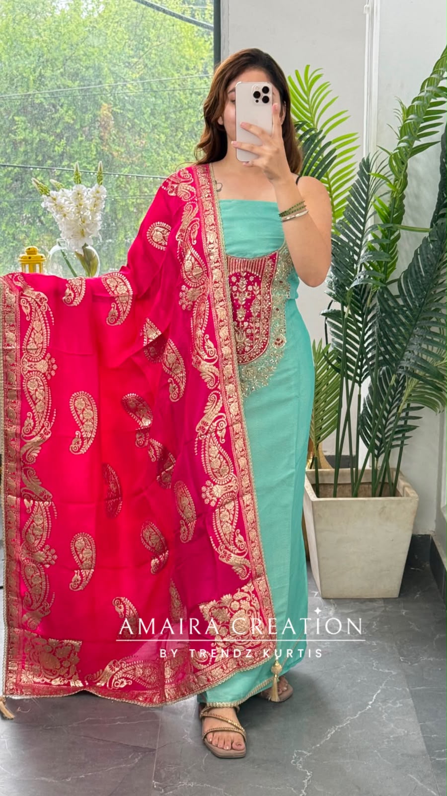 Premium Shimmer Silk Sea Green Colour unstitched Suit With Banarasi Dupatta