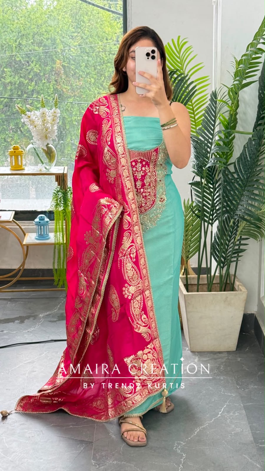 Premium Shimmer Silk Sea Green Colour unstitched Suit With Banarasi Dupatta