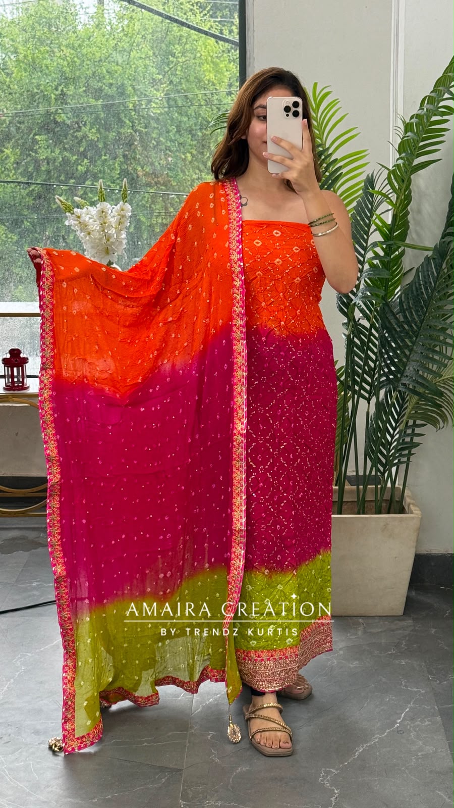 Premium Silk Trio Colour Unstitched Suit With Tye Dye Chiffon Dupatta