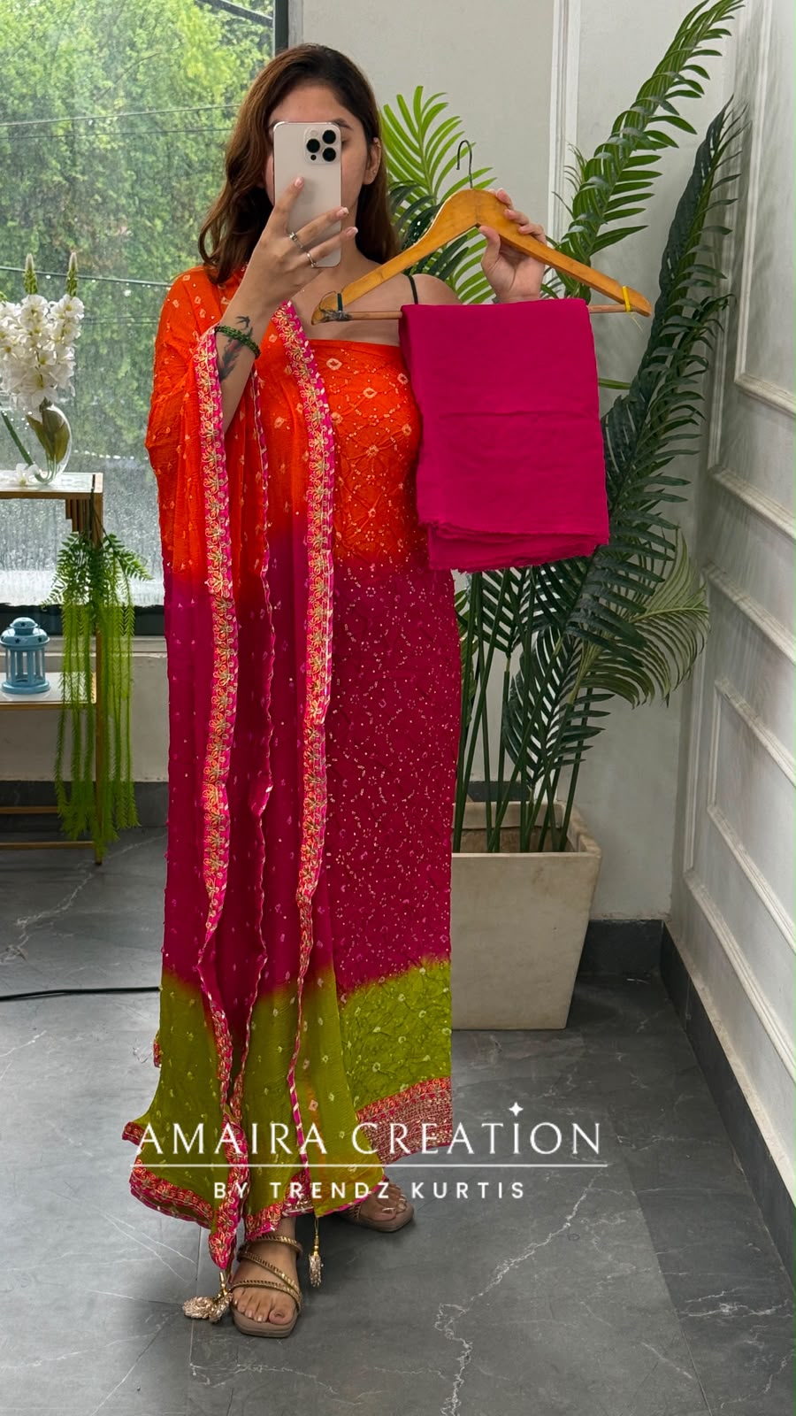 Premium Silk Trio Colour Unstitched Suit With Tye Dye Chiffon Dupatta