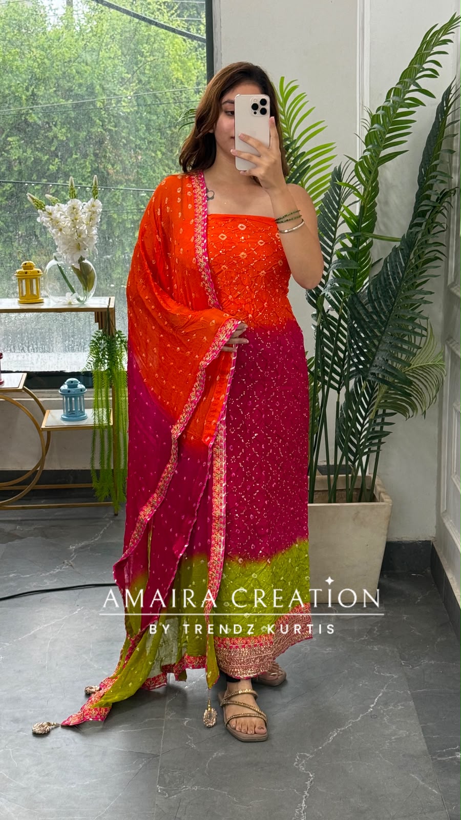 Premium Silk Trio Colour Unstitched Suit With Tye Dye Chiffon Dupatta