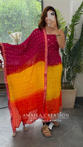 Premium Silk Trio Colour Unstitched Suit With Tye Dye Chiffon Dupatta