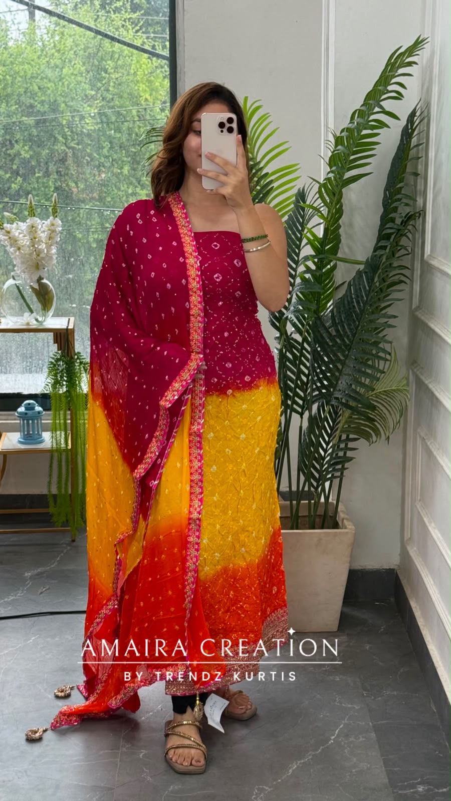 Premium Silk Trio Colour Unstitched Suit With Tye Dye Chiffon Dupatta