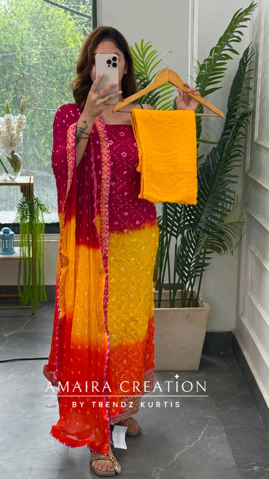 Premium Silk Trio Colour Unstitched Suit With Tye Dye Chiffon Dupatta