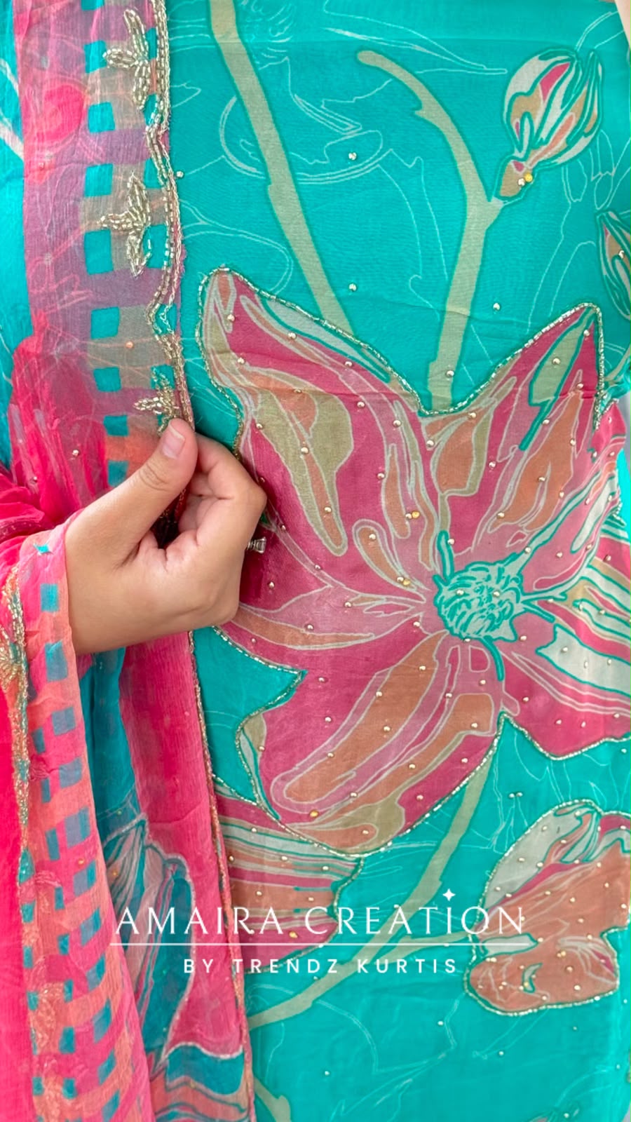 Premium Organza Fabric Sea Green Colour Beautiful Work Detailing With Fully Handwork Chiffon Dupatta