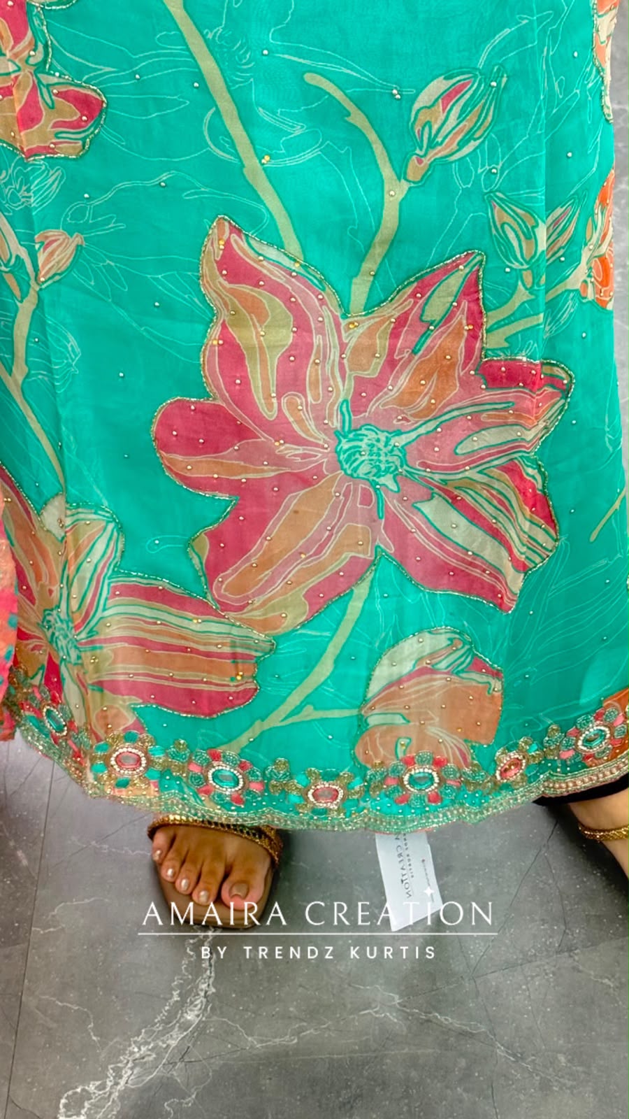 Premium Organza Fabric Sea Green Colour Beautiful Work Detailing With Fully Handwork Chiffon Dupatta