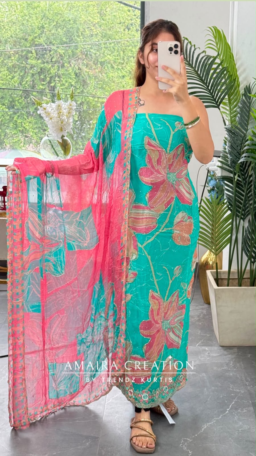 Premium Organza Fabric Sea Green Colour Beautiful Work Detailing With Fully Handwork Chiffon Dupatta