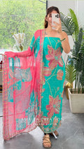 Premium Organza Fabric Sea Green Colour Beautiful Work Detailing With Fully Handwork Chiffon Dupatta