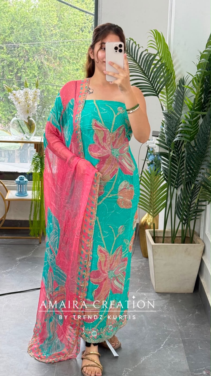 Premium Organza Fabric Sea Green Colour Beautiful Work Detailing With Fully Handwork Chiffon Dupatta