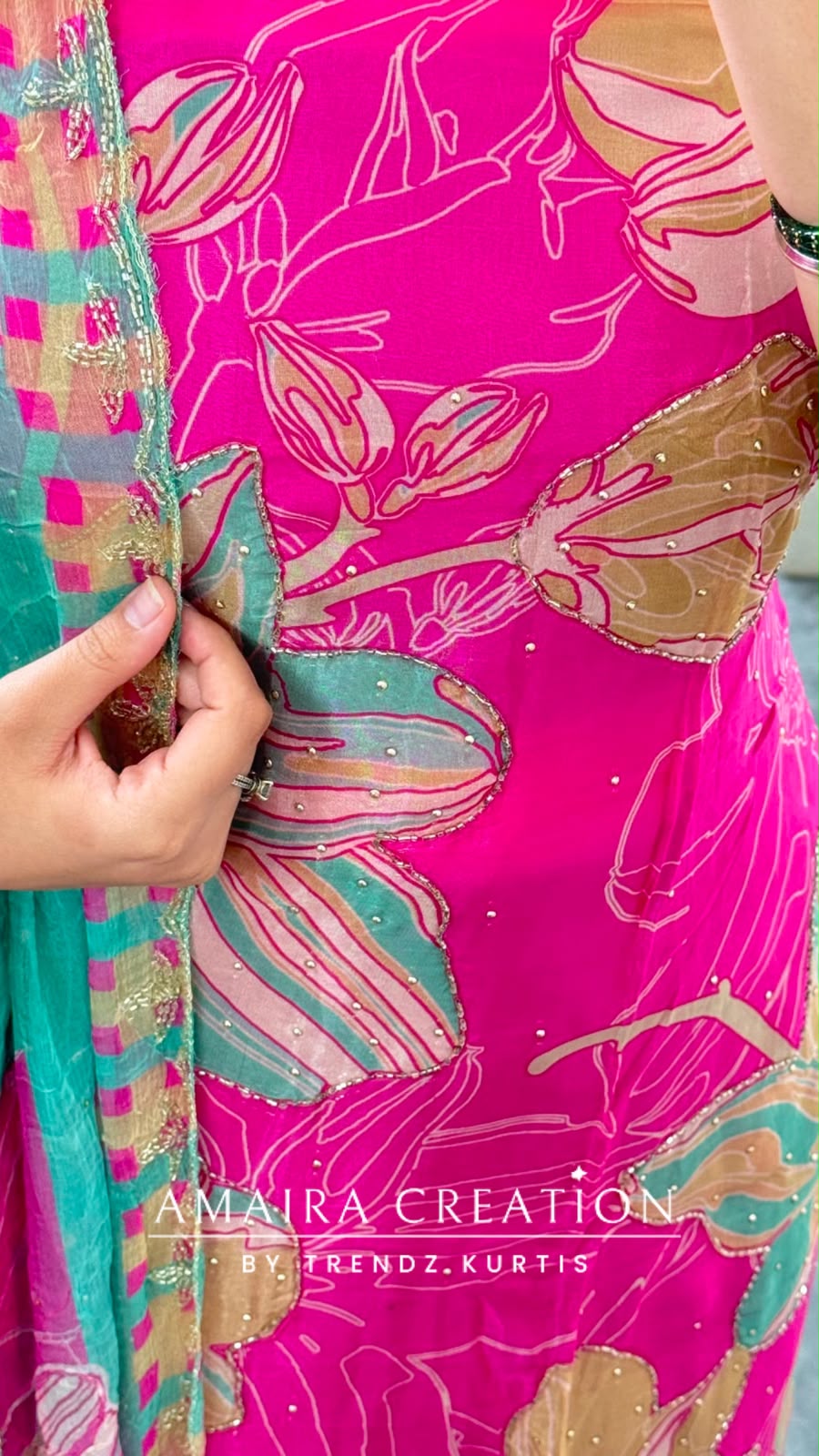 Premium Organza Fabric Pink Colour Beautiful Work Detailing With Fully Handwork Chiffon Dupatta