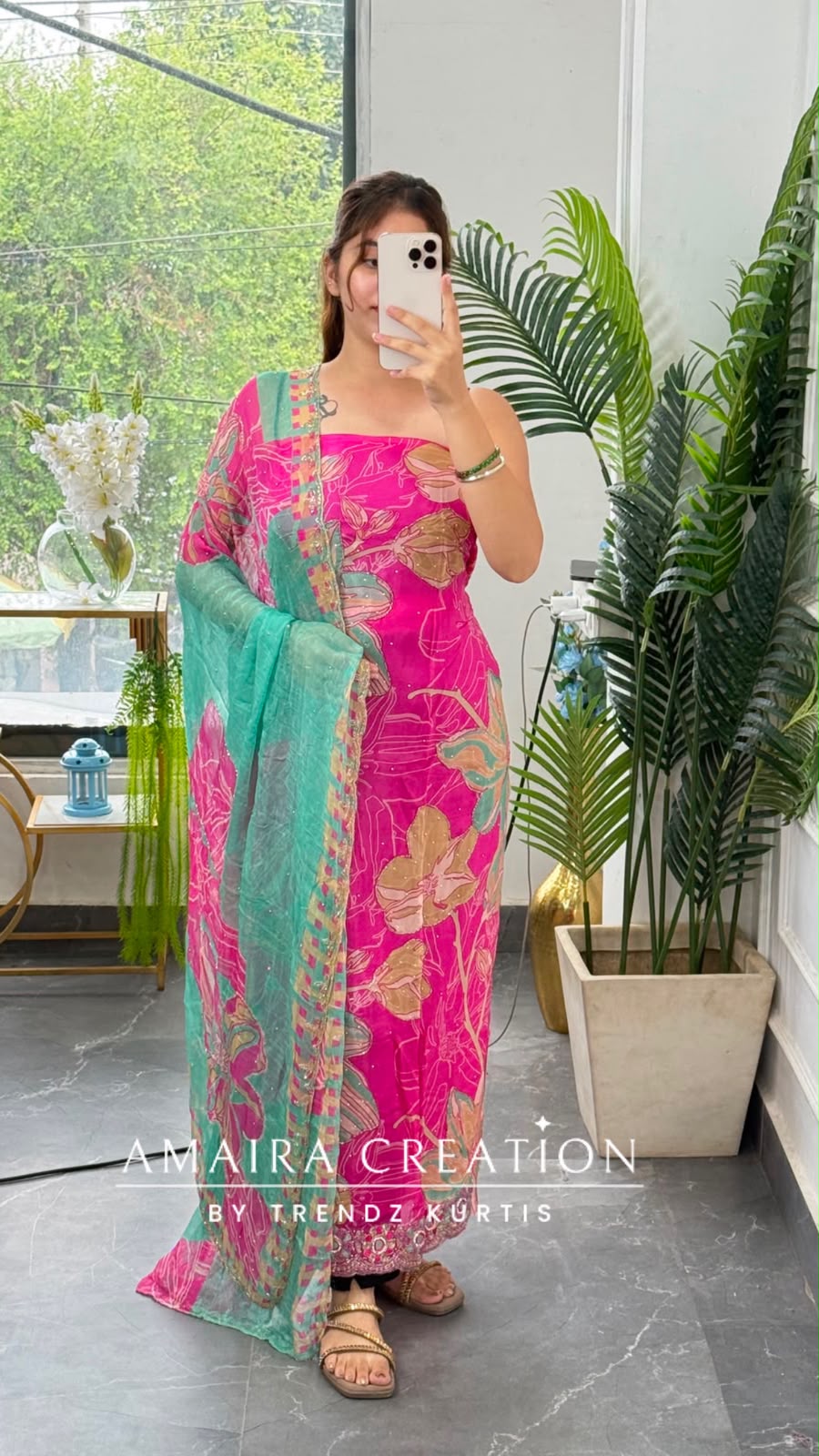 Premium Organza Fabric Pink Colour Beautiful Work Detailing With Fully Handwork Chiffon Dupatta