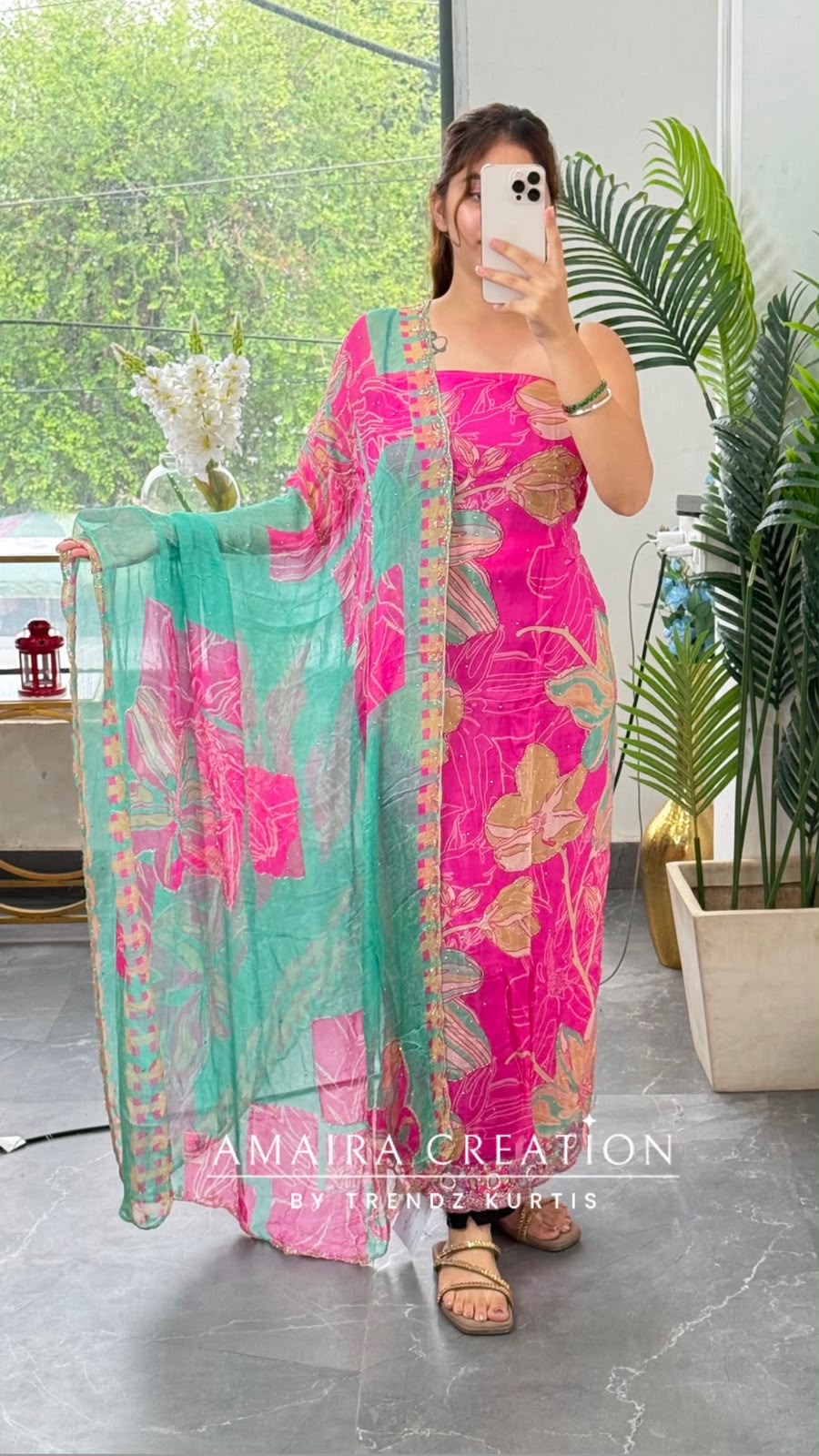 Premium Organza Fabric Pink Colour Beautiful Work Detailing With Fully Handwork Chiffon Dupatta