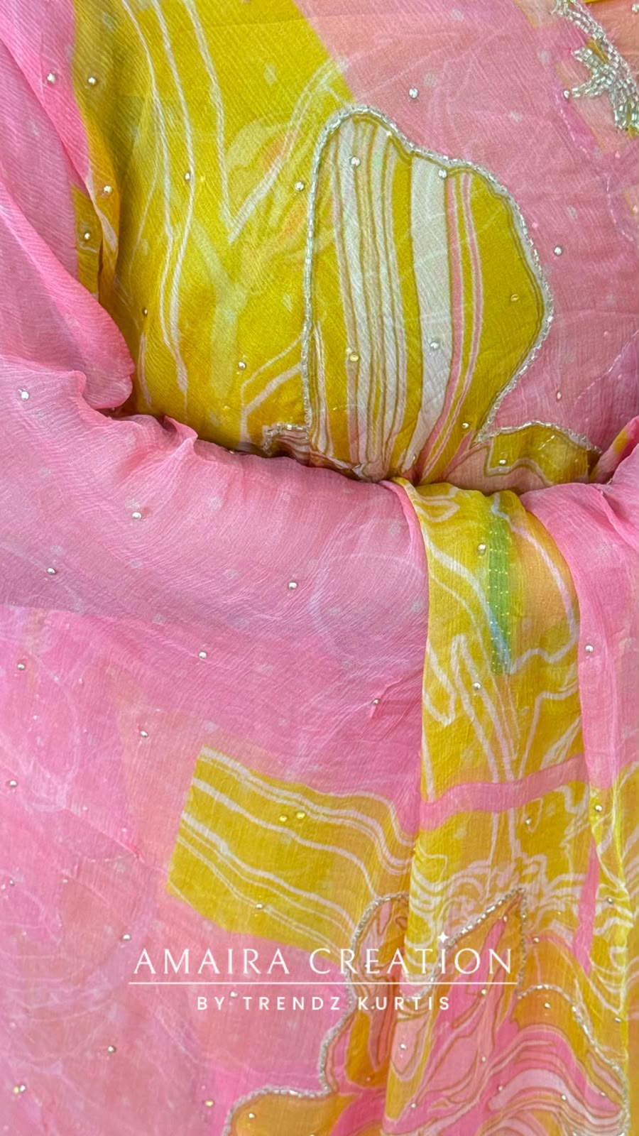 Premium Organza Fabric Yellow Colour Beautiful Work Detailing With Fully Handwork Chiffon Dupatta