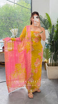 Premium Organza Fabric Yellow Colour Beautiful Work Detailing With Fully Handwork Chiffon Dupatta