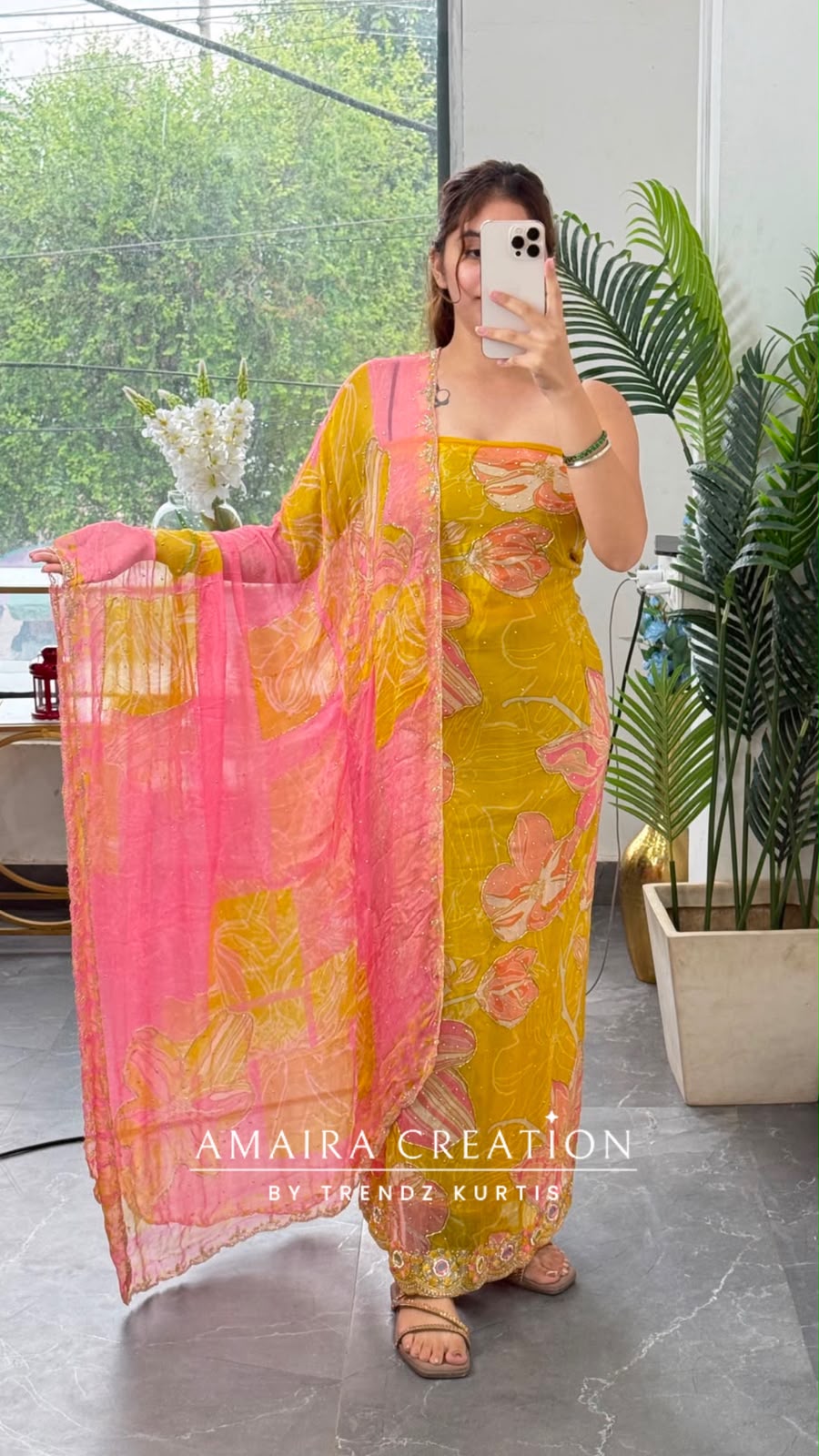 Premium Organza Fabric Yellow Colour Beautiful Work Detailing With Fully Handwork Chiffon Dupatta