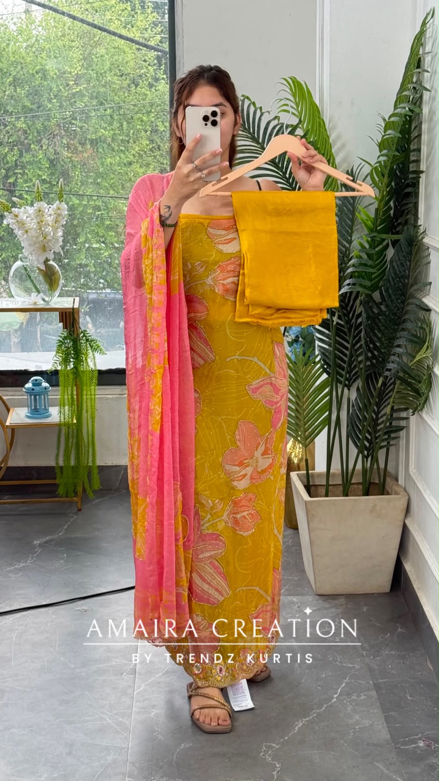 Premium Organza Fabric Yellow Colour Beautiful Work Detailing With Fully Handwork Chiffon Dupatta