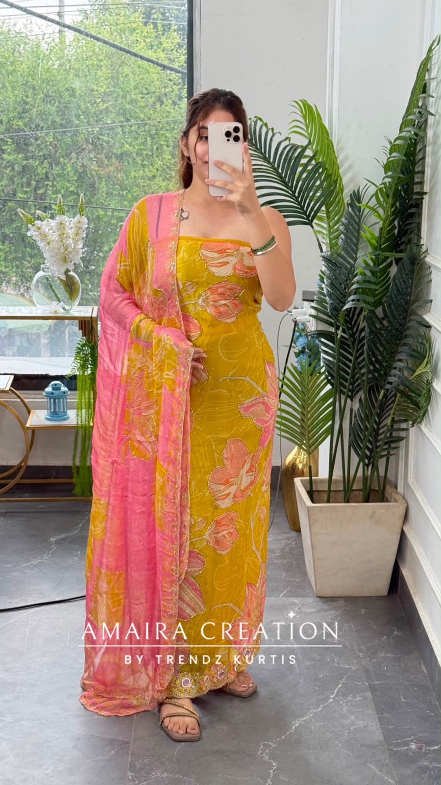 Premium Organza Fabric Yellow Colour Beautiful Work Detailing With Fully Handwork Chiffon Dupatta