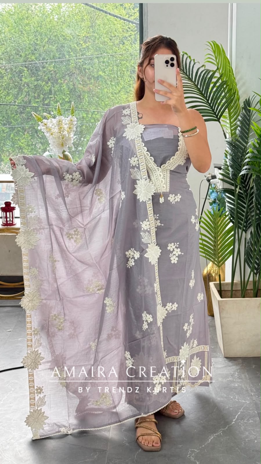 Premium MulChanderi Lavender-Grey colour Beautiful Embroidered Unstitched Suit With Full Embroidered Dupatta