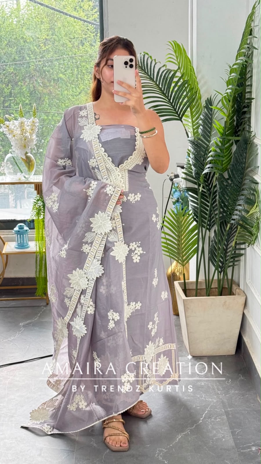 Premium MulChanderi Lavender-Grey colour Beautiful Embroidered Unstitched Suit With Full Embroidered Dupatta