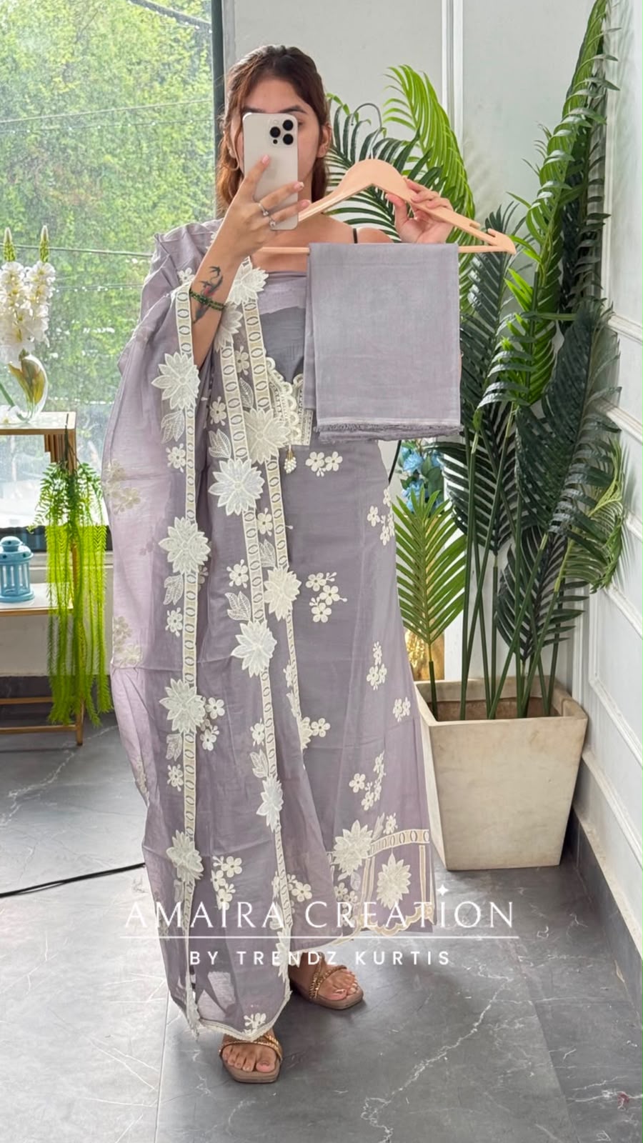 Premium MulChanderi Lavender-Grey colour Beautiful Embroidered Unstitched Suit With Full Embroidered Dupatta