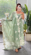 Premium MulChanderi Sea Light Green Colour Beautiful Embroidered Unstitched Suit With Full Embroidered Dupatta