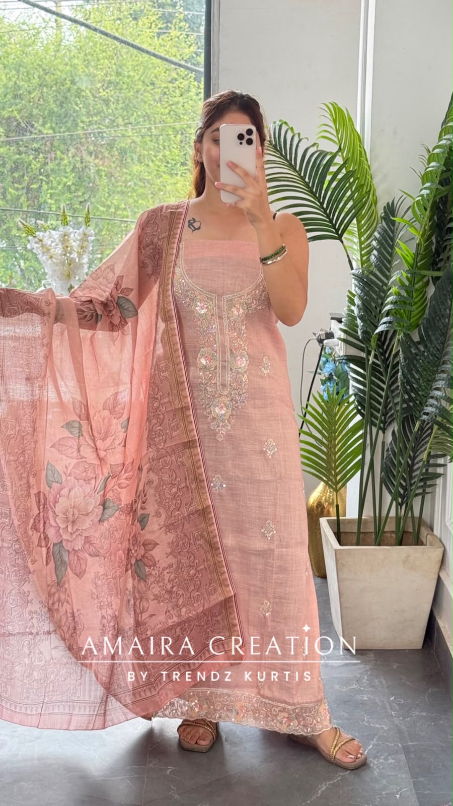 Premium Shimmer Silk Peach Colour Unstitched Suit With Silk Fabric Printed Dupatta
