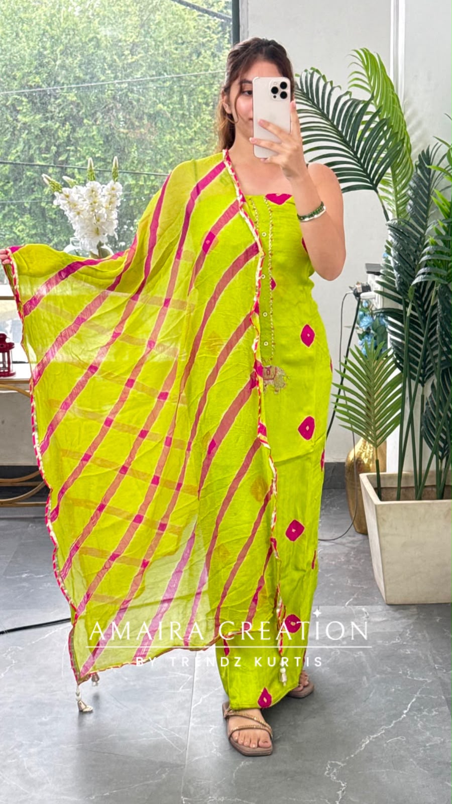 Premium Crepe Parrot Green Colour Bandez Print Unstitched Suit With Chiffon Dupatta