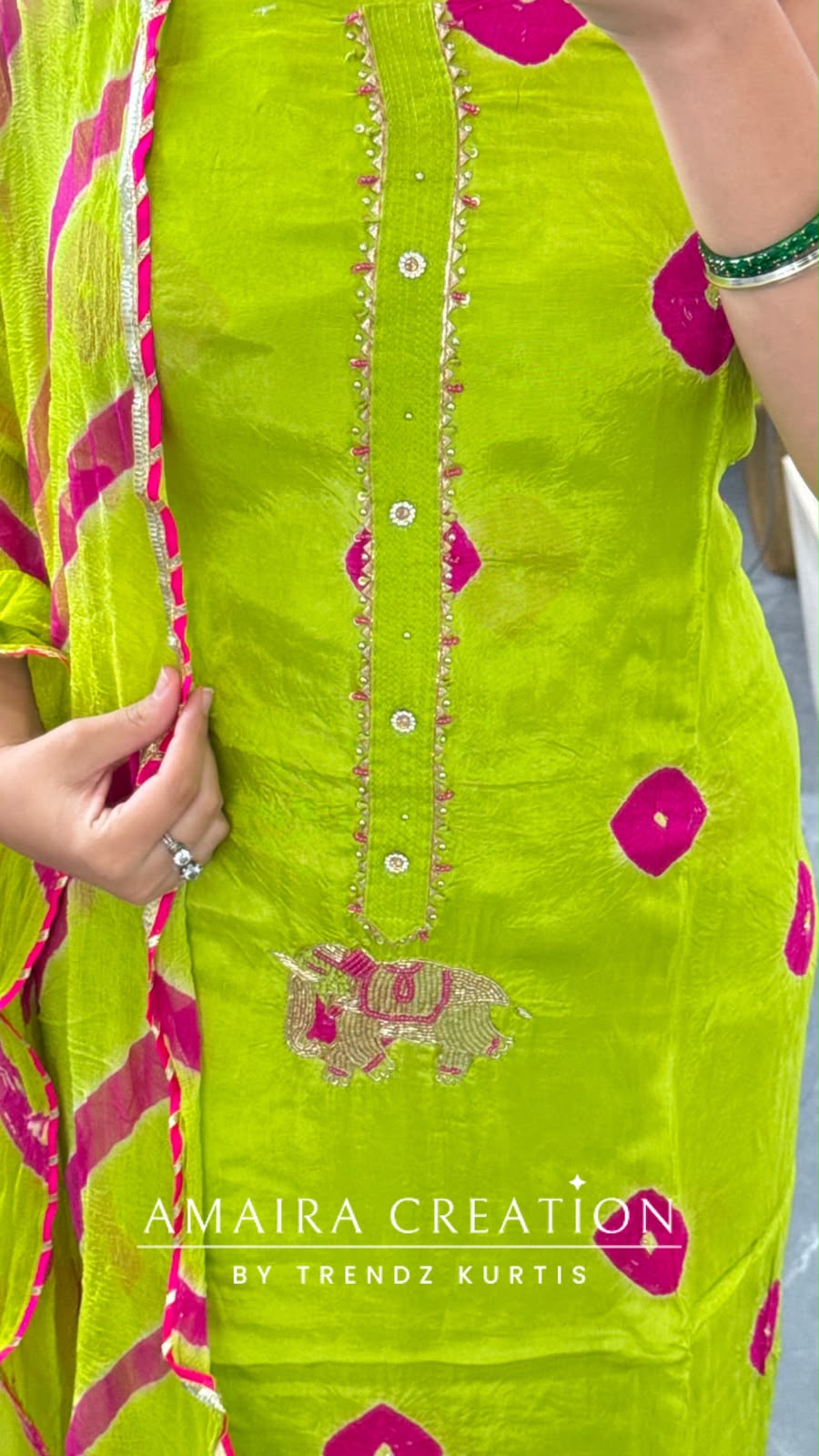Premium Crepe Parrot Green Colour Bandez Print Unstitched Suit With Chiffon Dupatta