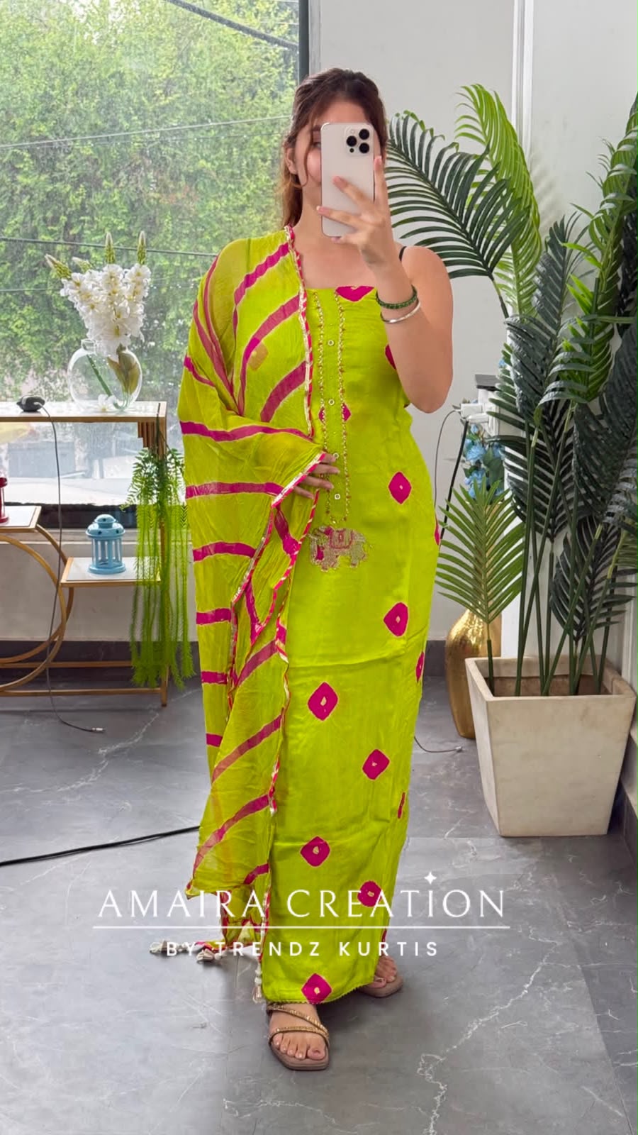 Premium Crepe Parrot Green Colour Bandez Print Unstitched Suit With Chiffon Dupatta