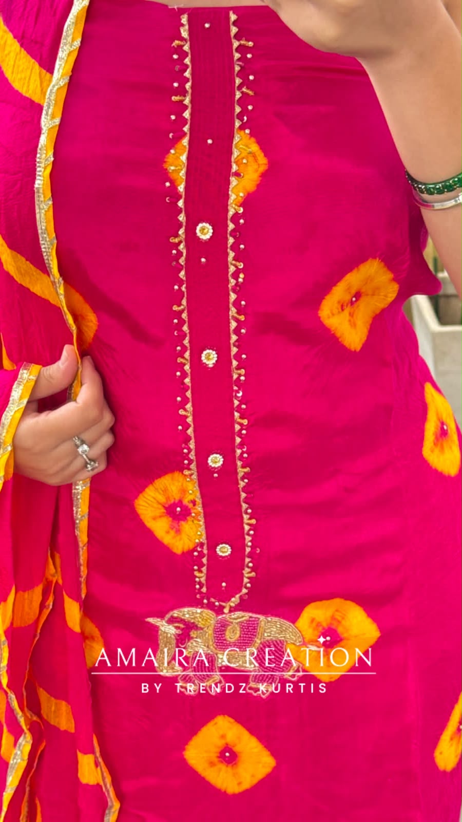 Premium Crepe Magenta Colour Bandez Print Unstitched Suit With Chiffon Dupatta