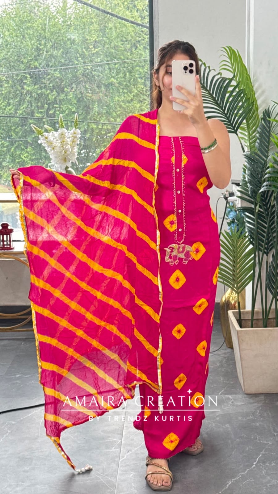 Premium Crepe Magenta Colour Bandez Print Unstitched Suit With Chiffon Dupatta